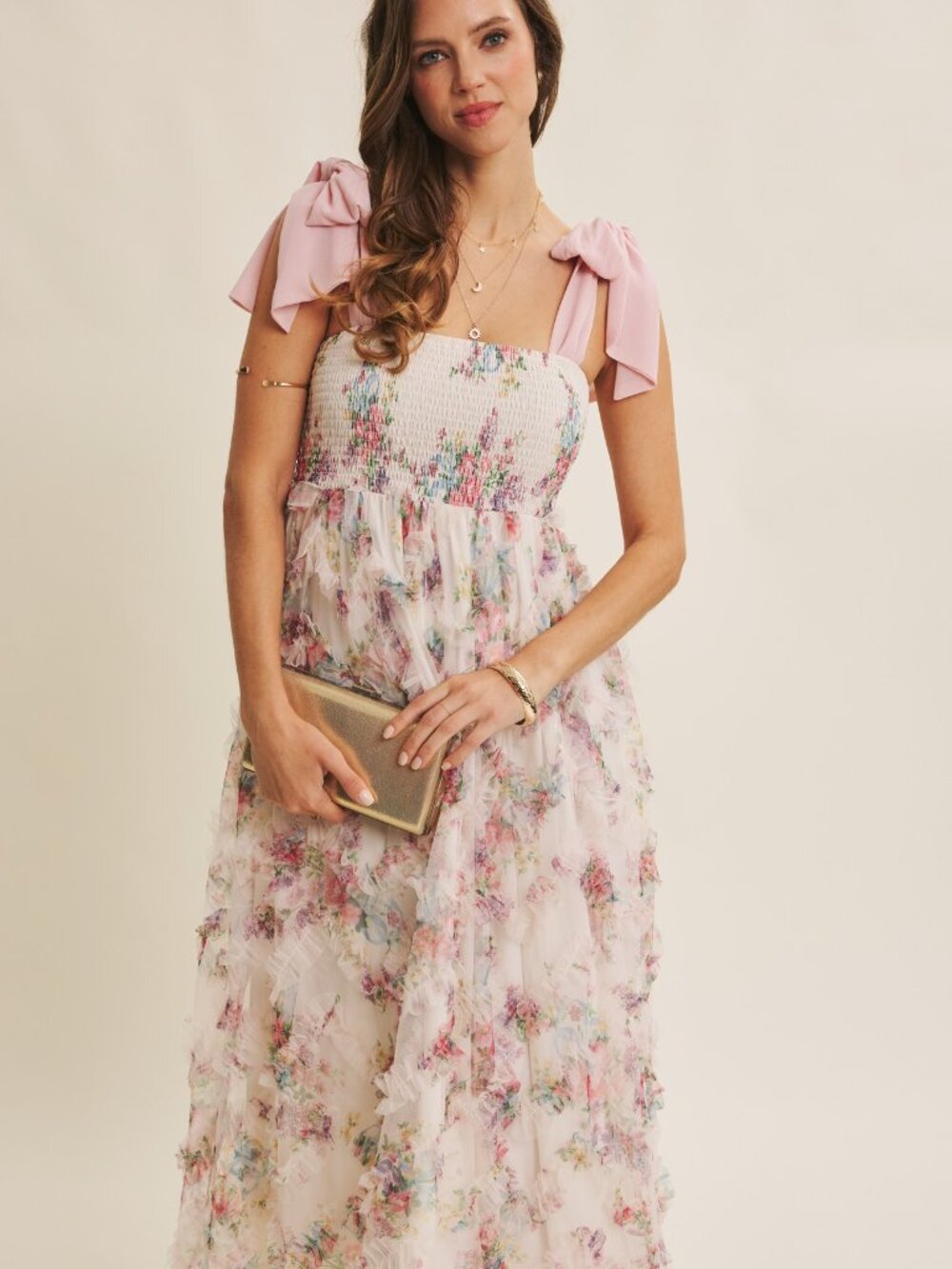 Textured Floral Smocked Midi Dress Tie Straps - Picture 5 of 11